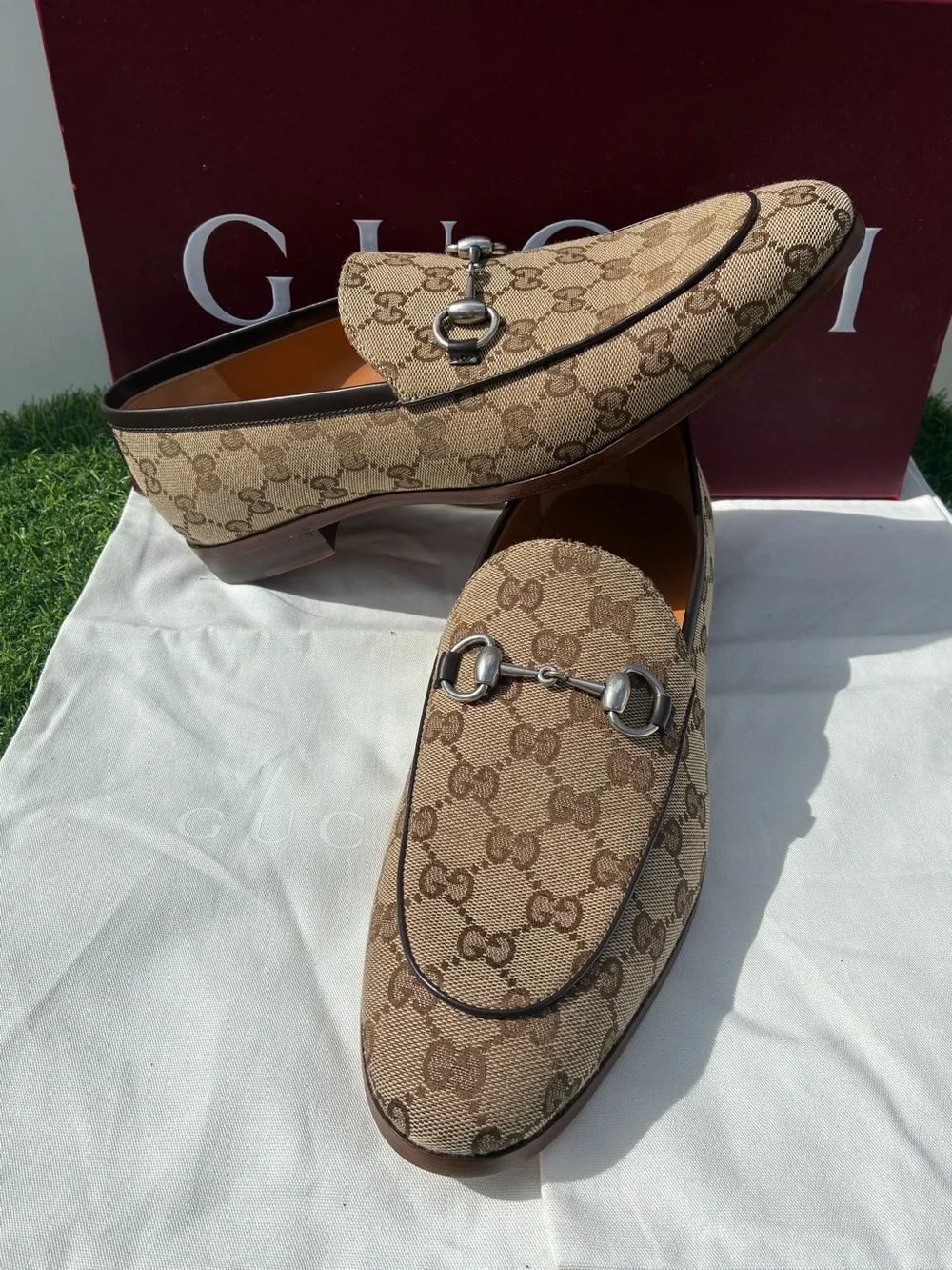 GUCCI CLASSIC BEIGE EBONY GG SUPREME MONOGRAM HORSEBIT JORDAAN LOAFERS G8.5 US9